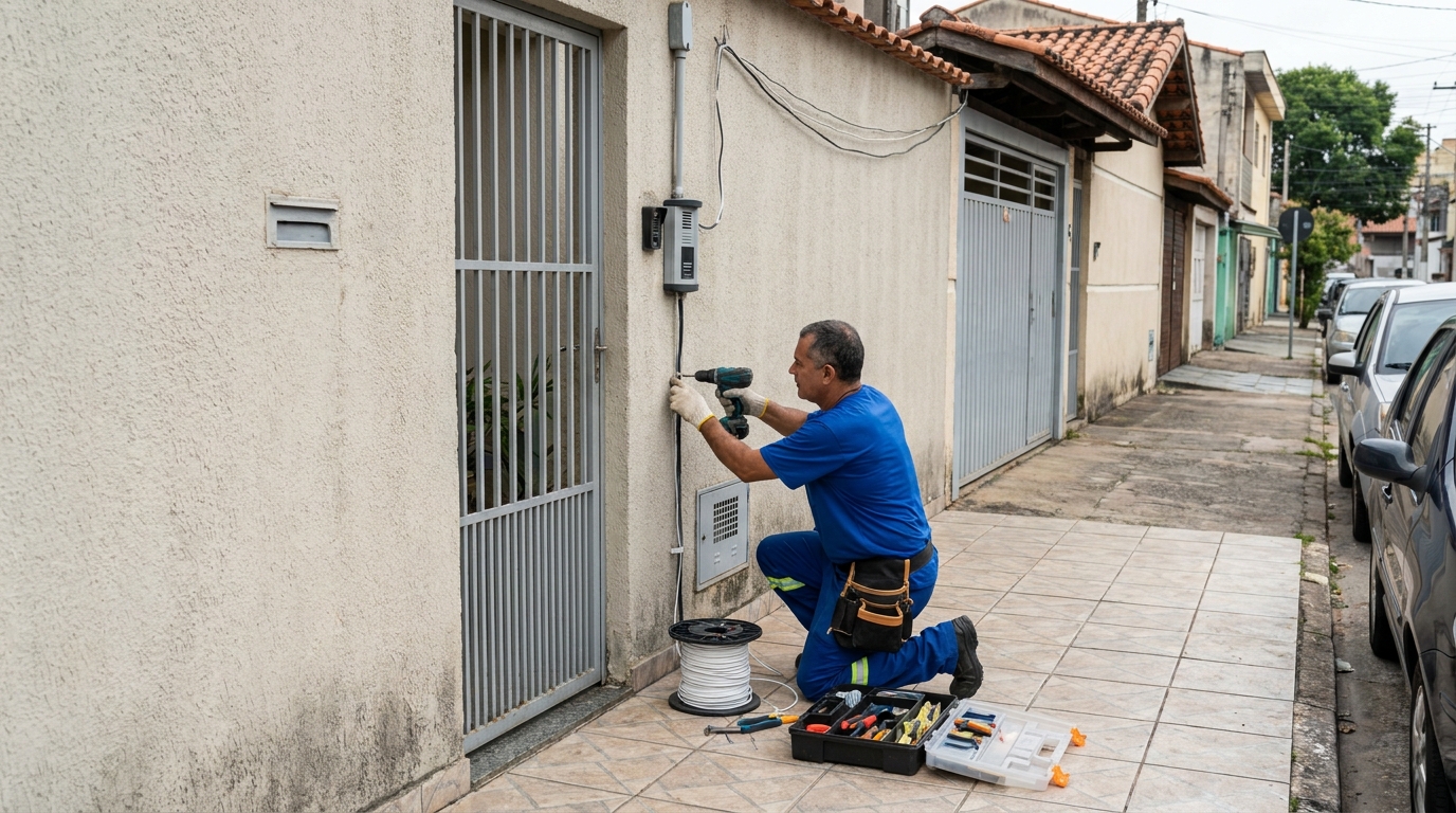 Eletricista instalando interfone em Fortaleza‑CE